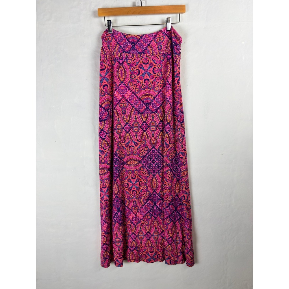 2/$30 Cynthia Rowley Pink Paisley Geometric Boho Jersey Knit Maxi Skirt Large - Picture 3 of 7